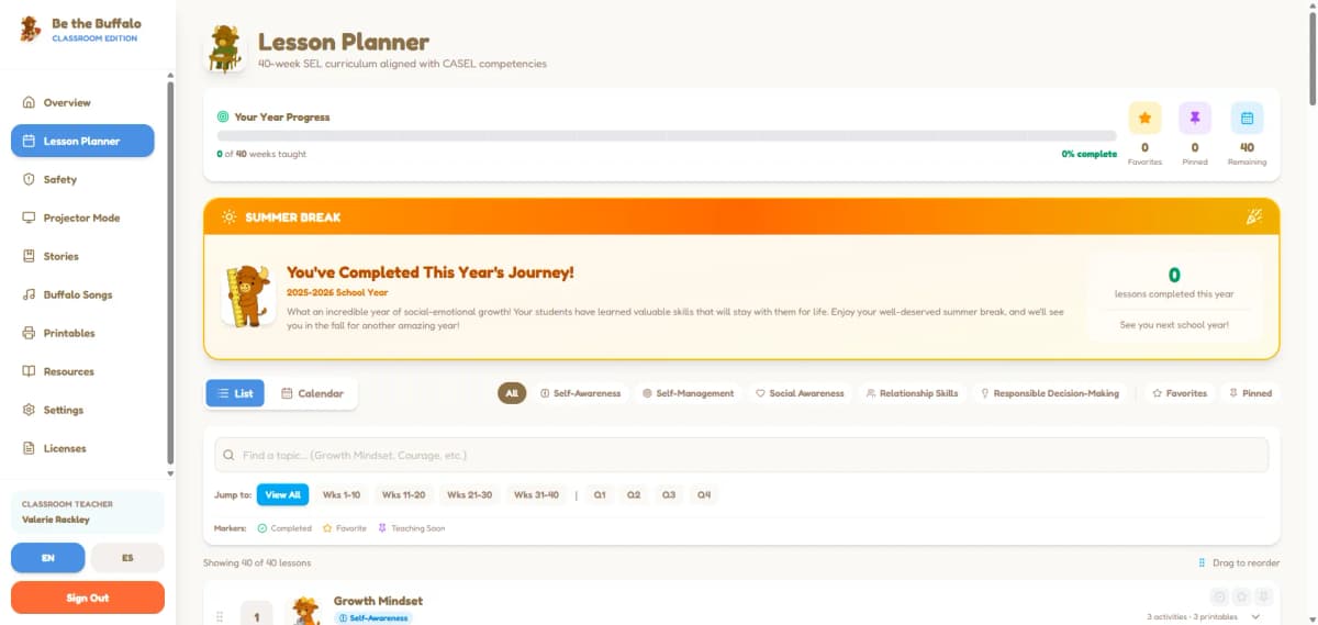 40-week lesson planner with CASEL-aligned SEL curriculum