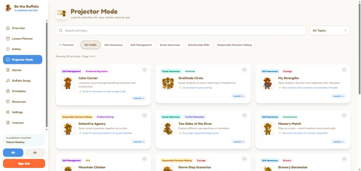 Projector Mode activity grid showing interactive classroom activities