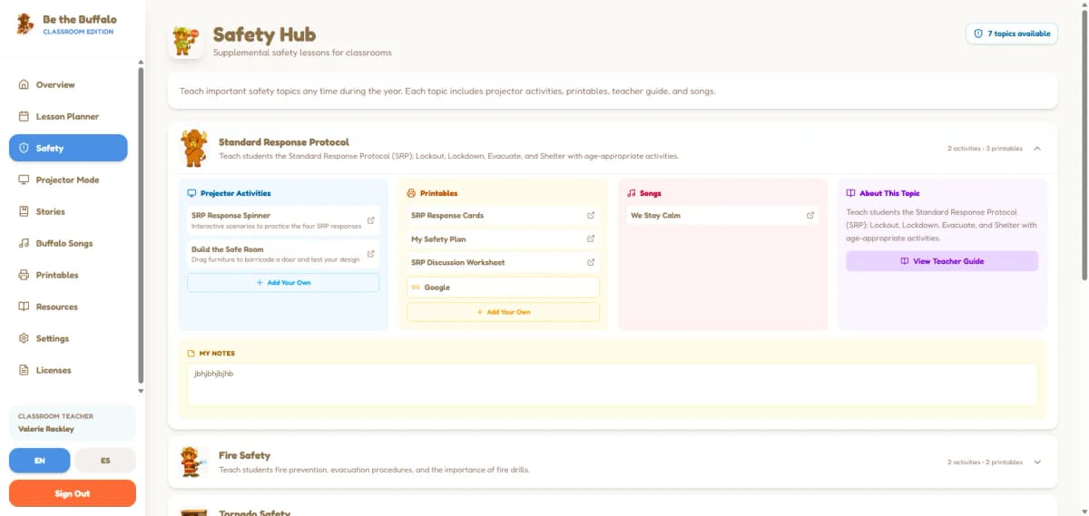 Safety Hub with Standard Response Protocol and emergency topics