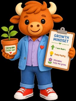 Buffalo holding a growth mindset clipboard and growing plant