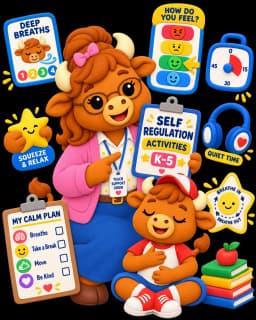 Buffalo character demonstrating self-regulation activities for elementary classrooms